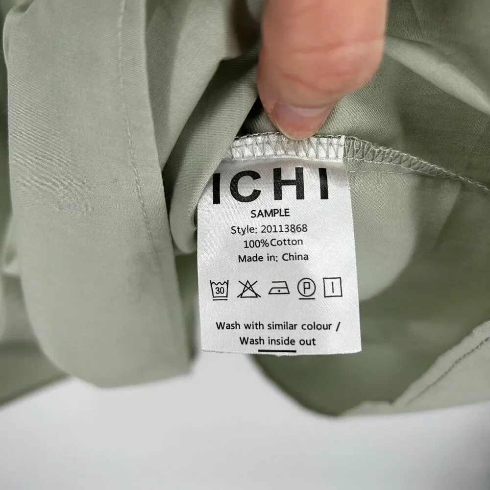 ICHI Pale Sage Green Crepe Puff Sleeve Oversized Pleated Short Dress Size Small